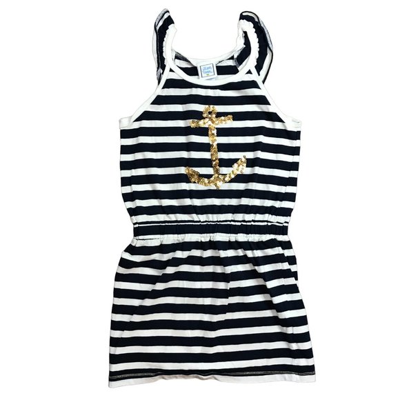 Jillian's Closet Gold Sequin Anchor Striped Sleeveless‎ Dress Girls Size 6X Navy - Picture 1 of 9